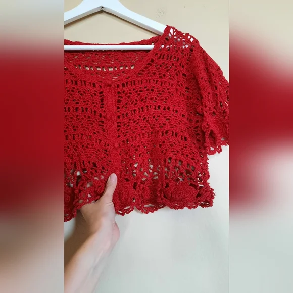Vintage Red Crochet Blouse Floral Possibly Handmade, No Tags, Button Front - Picture 4 of 6